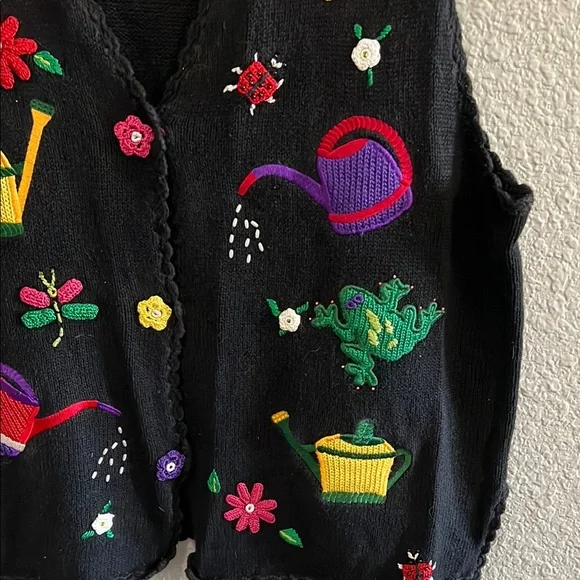 Colorful Embroidered Black Vest vintage size XL - Picture 4 of 6